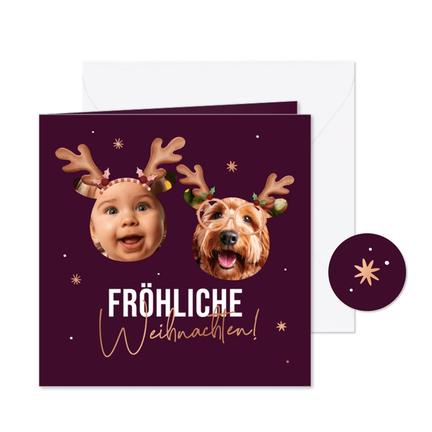 Weihnachtskarte Fotos lustige Gesichter Rentiergeweih - Karteneindruck