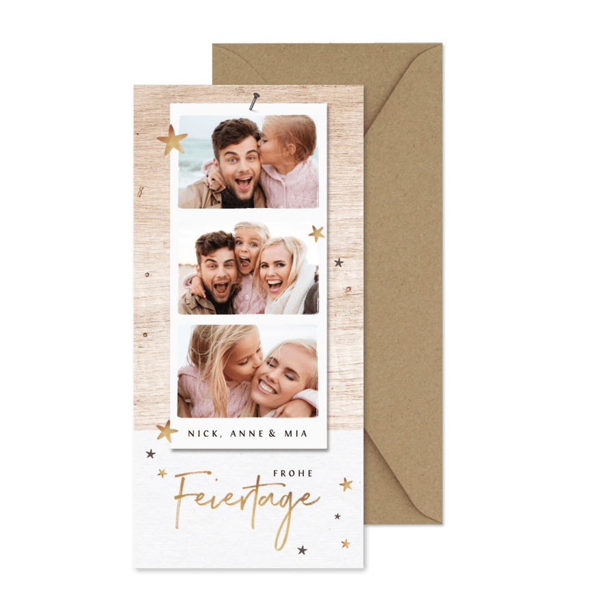 Weihnachtskarte Fotostreifen auf Holz - Karteneindruck
