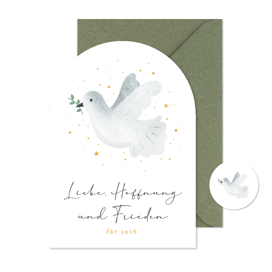 Weihnachtskarte Friedenstaube 'Liebe Hoffnung und Frieden' - Karteneindruck