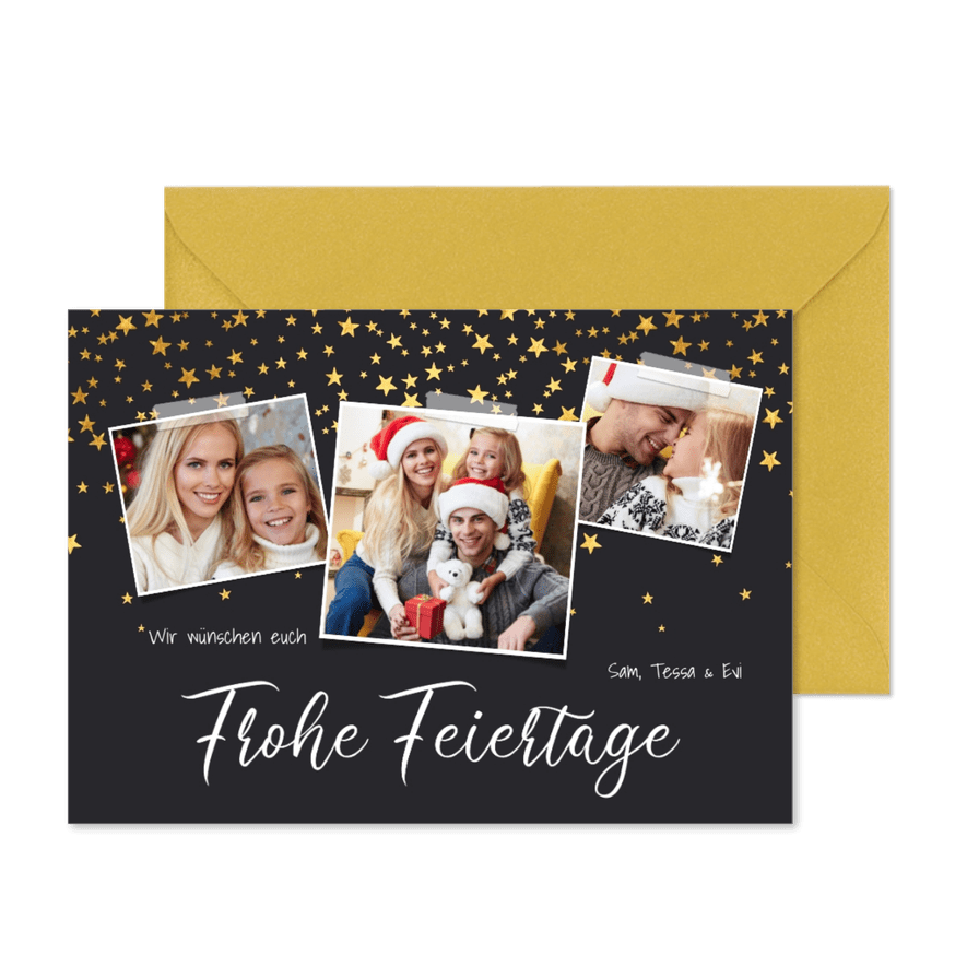 Weihnachtskarte 'Frohe Feiertage' 3 Fotos und Sterne - Karteneindruck
