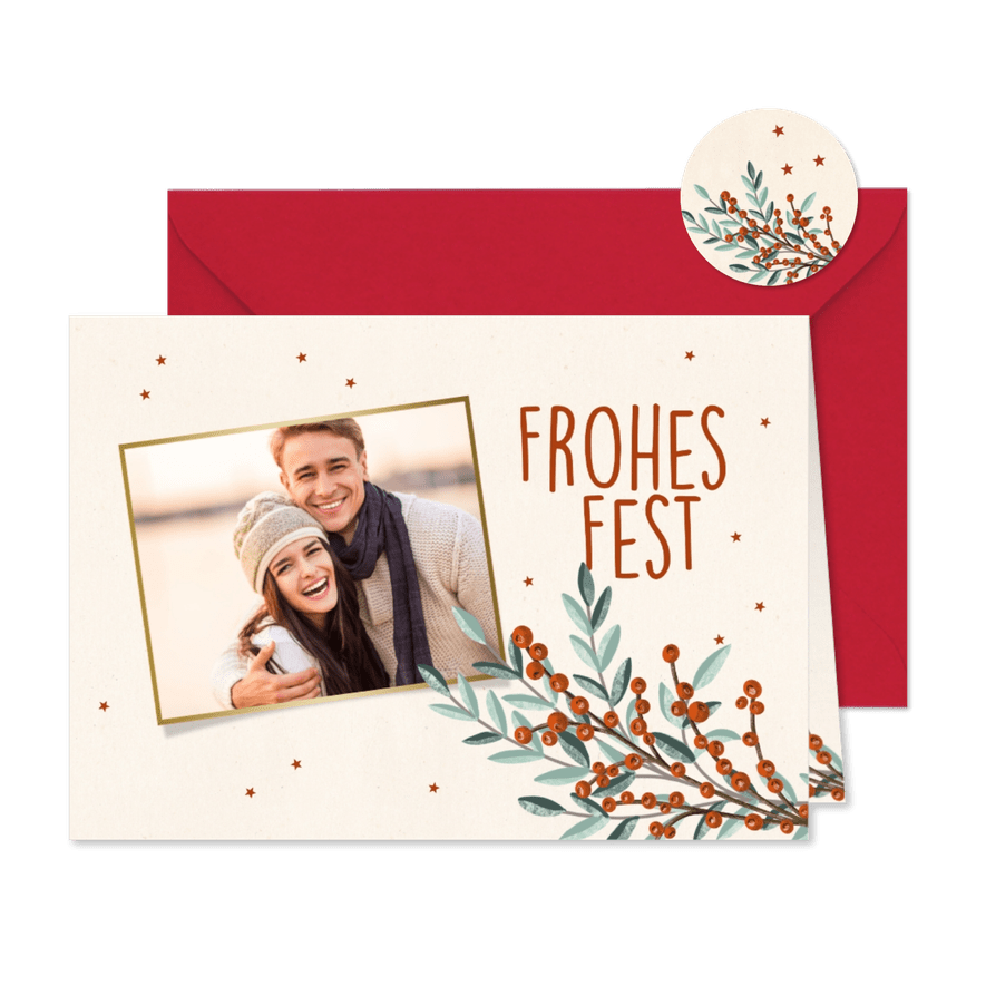 Weihnachtskarte Frohes Fest, Foto & Zweige - Karteneindruck