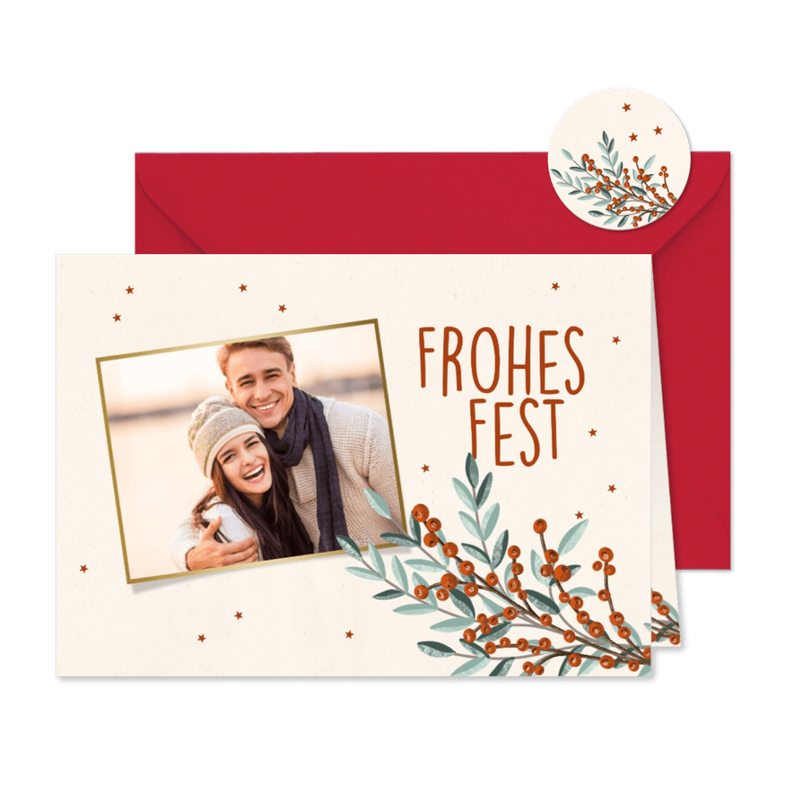 Weihnachtskarte Frohes Fest, Foto & Zweige - Karteneindruck