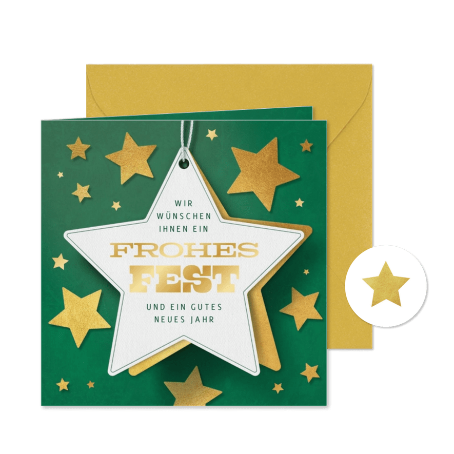 Weihnachtskarte für Firma mit Goldsternen - Karteneindruck

