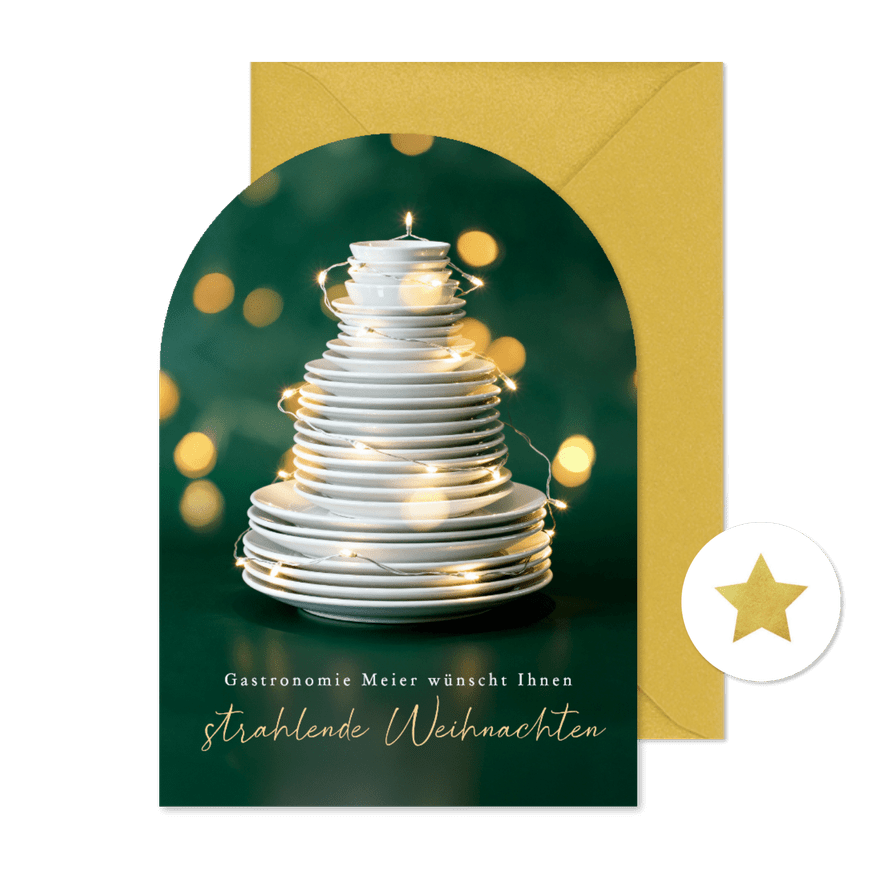 Weihnachtskarte Gastronomie Tellerstapel Lichterkette - Karteneindruck