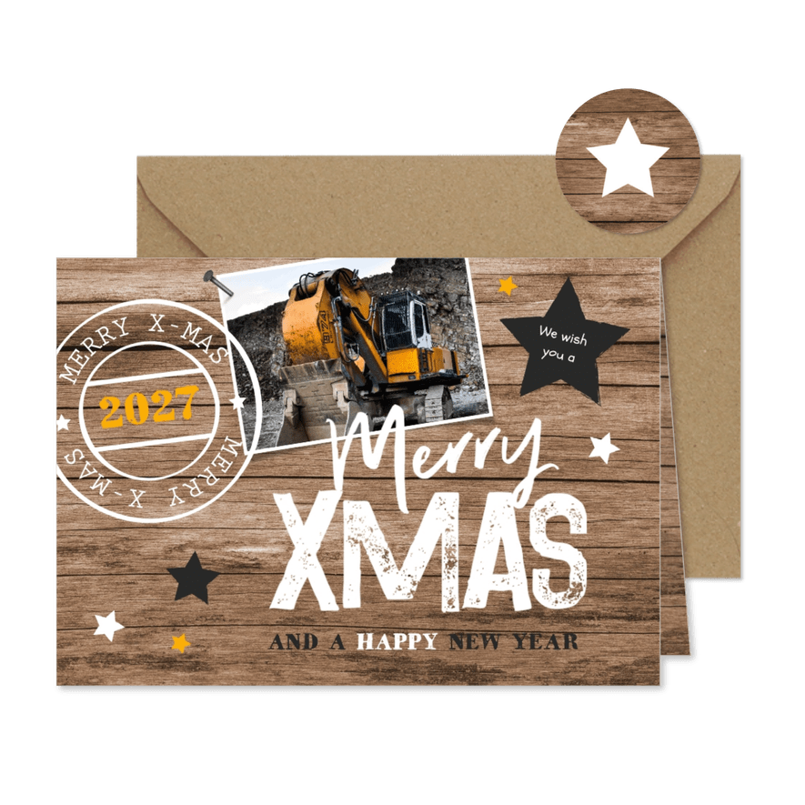 Weihnachtskarte geschäftlich Holzlook, Sterne und Stempel - Kartenvorschau