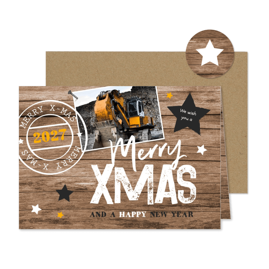 Weihnachtskarte geschäftlich Holzlook, Sterne und Stempel - Karteneindruck
