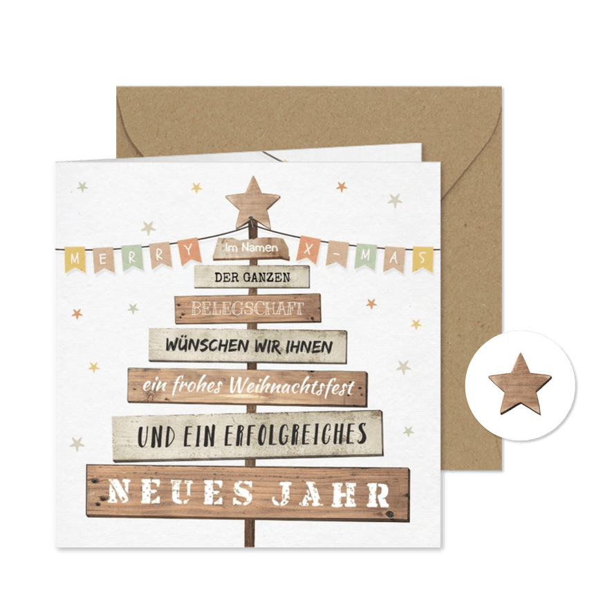 Weihnachtskarte geschäftlich mit Holzweihnachtsbaum - Karteneindruck