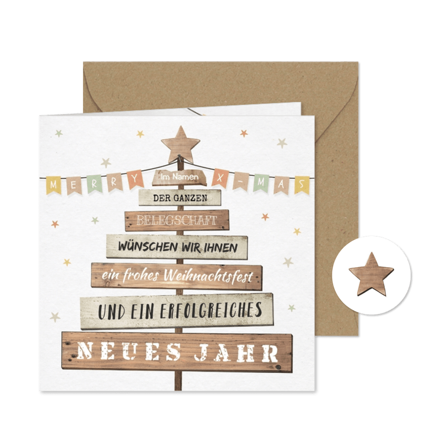 Weihnachtskarte geschäftlich mit Holzweihnachtsbaum - Karteneindruck
