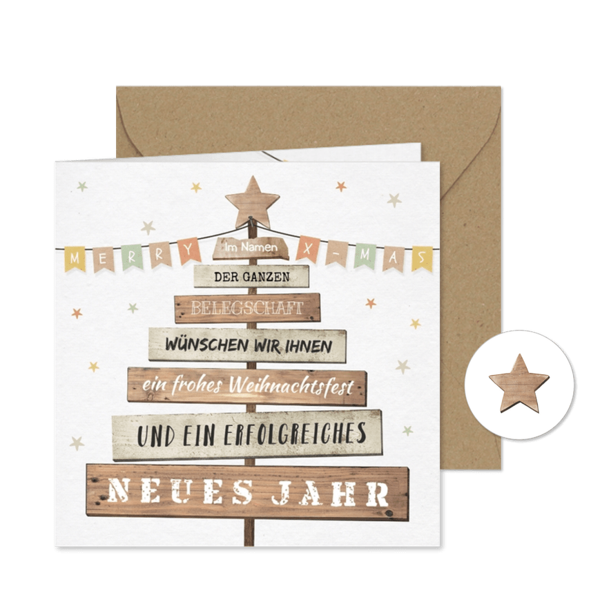 Weihnachtskarte geschäftlich mit Holzweihnachtsbaum - Karteneindruck
