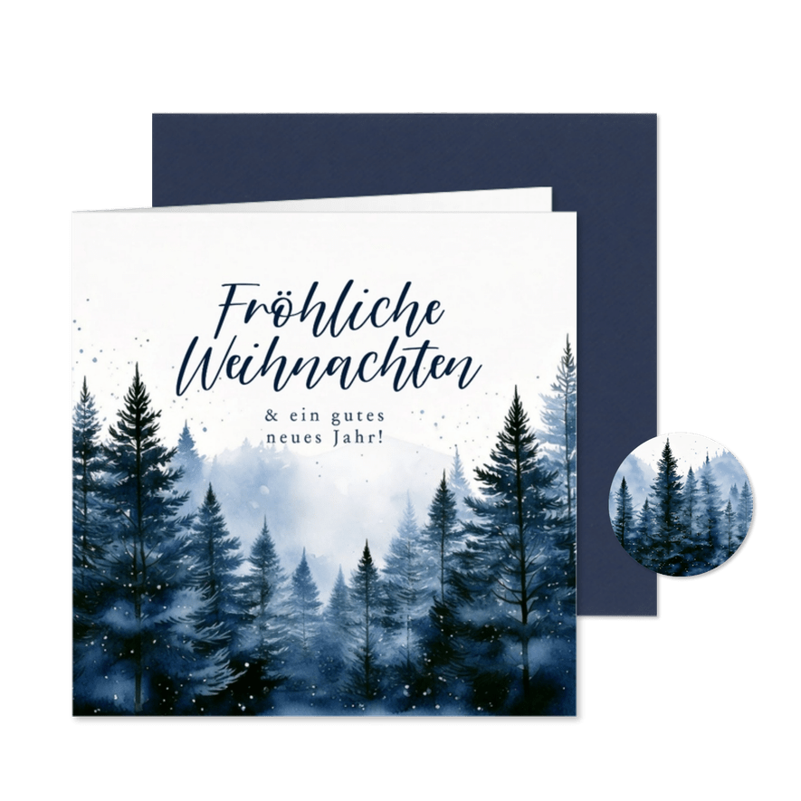 Weihnachtskarte geschäftlich Tannenwald dunkelblau - Karteneindruck
