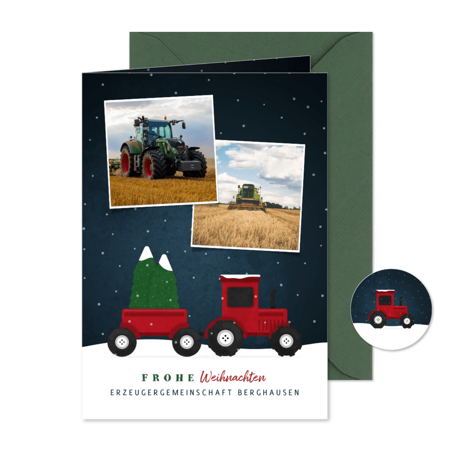 Weihnachtskarte geschäftlich Traktor mit Weihnachtsbaum - Karteneindruck