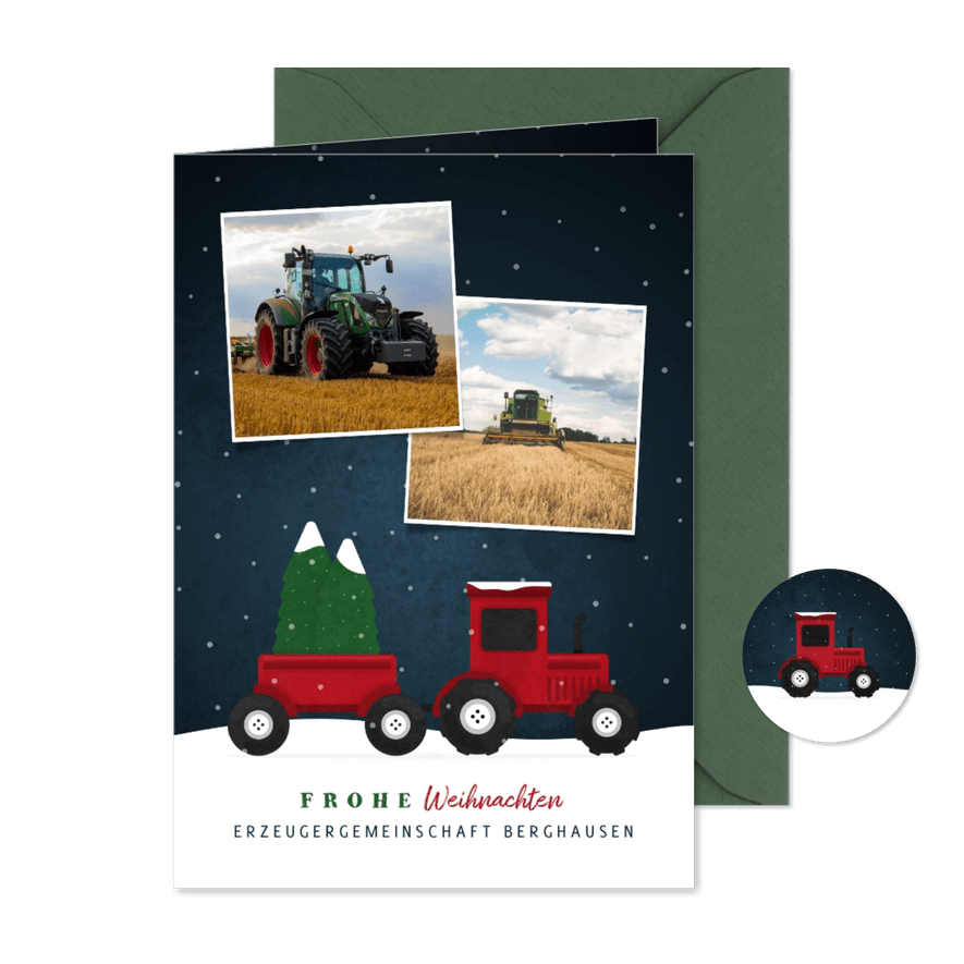 Weihnachtskarte geschäftlich Traktor mit Weihnachtsbaum - Karteneindruck