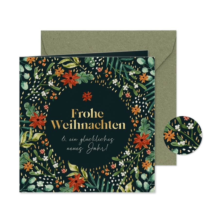 Weihnachtskarte Geschäftspartner Botanisch & Goldakzente - Karteneindruck
