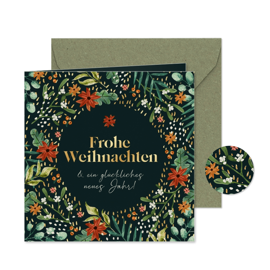 Weihnachtskarte Geschäftspartner Botanisch & Goldakzente - Kartenvorschau