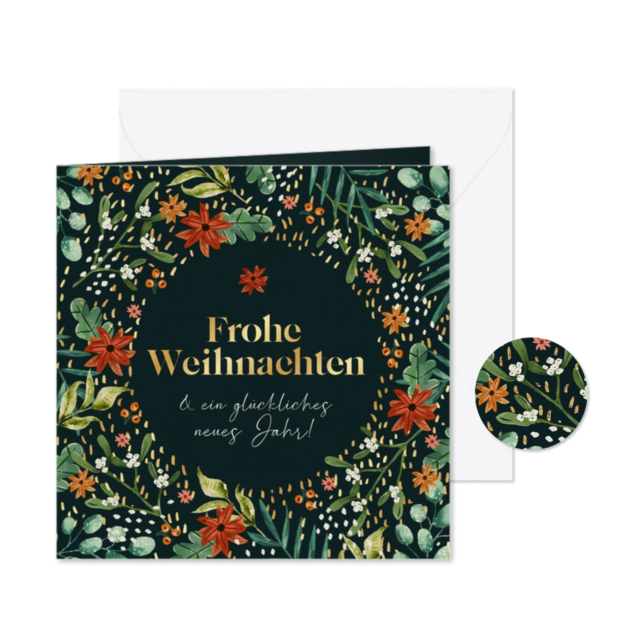 Weihnachtskarte Geschäftspartner Botanisch & Goldakzente - Karteneindruck