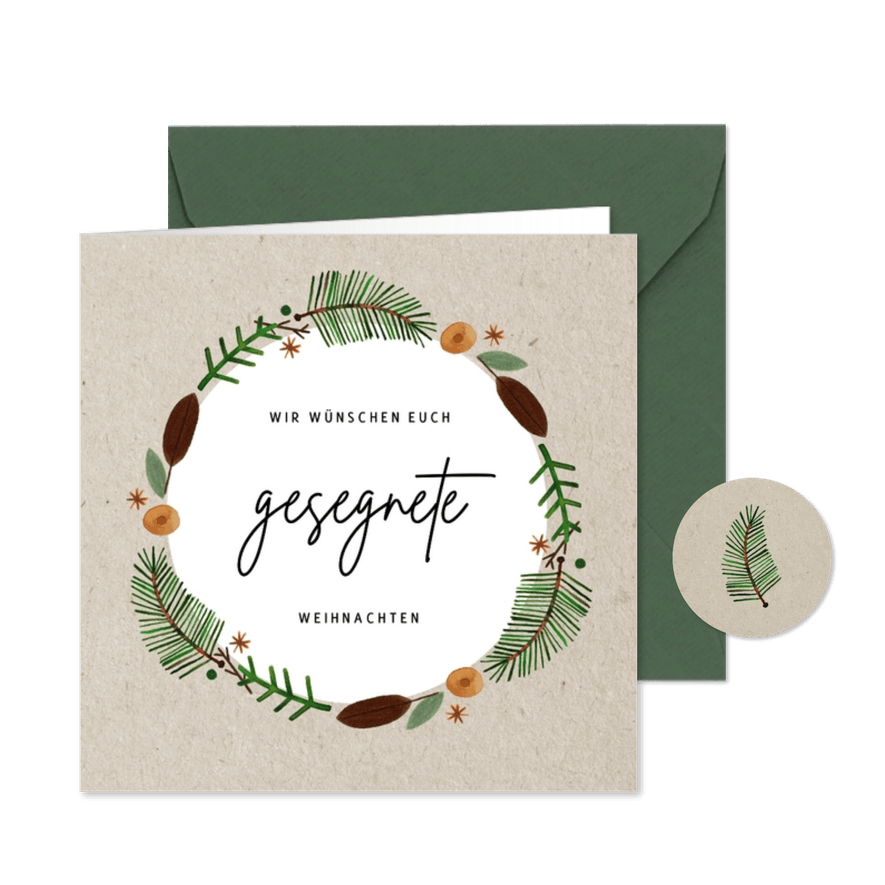 Weihnachtskarte gesegnete Weihnachten mit Kranz - Karteneindruck