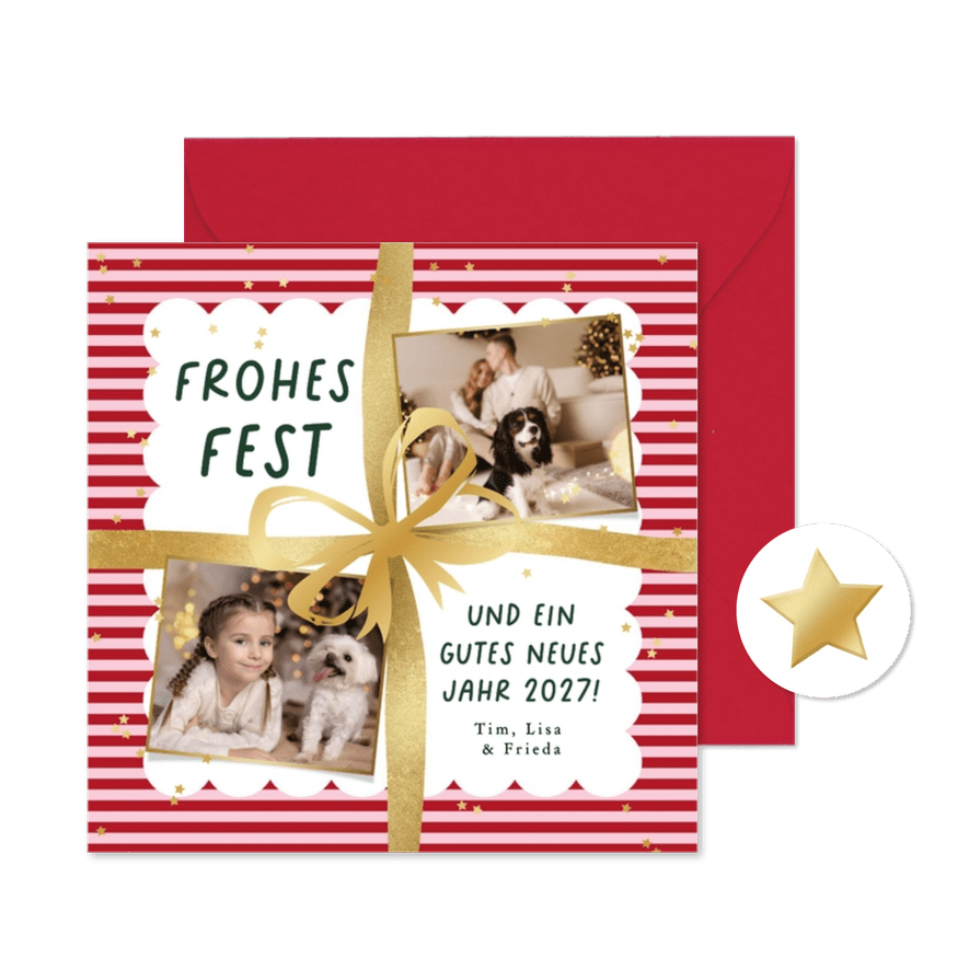 Weihnachtskarte gestreiftes Geschenk Fotocollage - Kartenvorschau