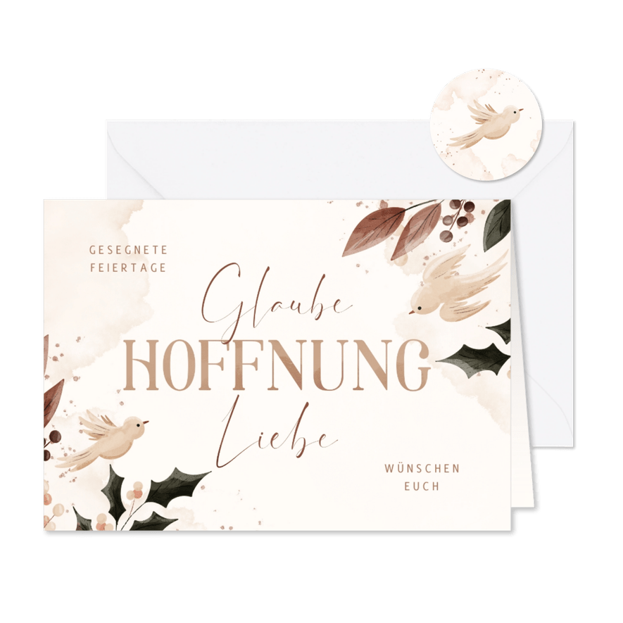Weihnachtskarte 'Glaube, Hoffnung, Liebe' mit Tauben - Karteneindruck