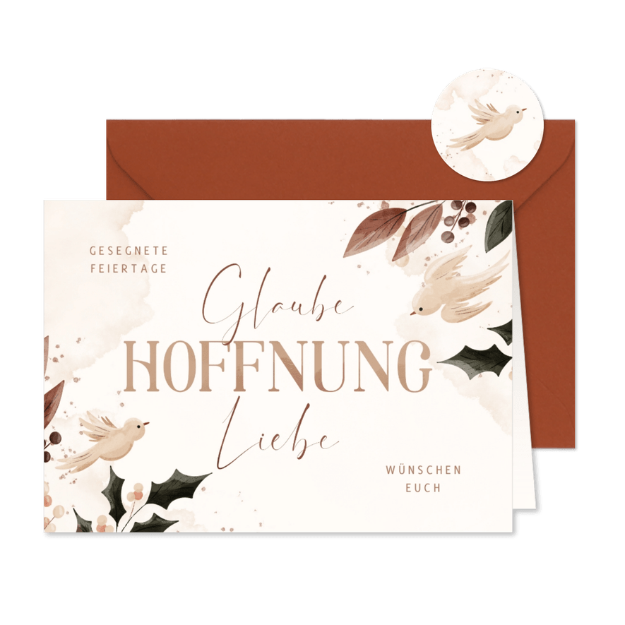 Weihnachtskarte 'Glaube, Hoffnung, Liebe' mit Tauben - Karteneindruck
