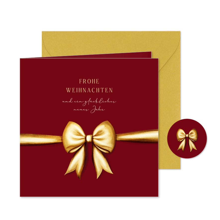 Weihnachtskarte goldene Geschenkschleife klassisch - Karteneindruck
