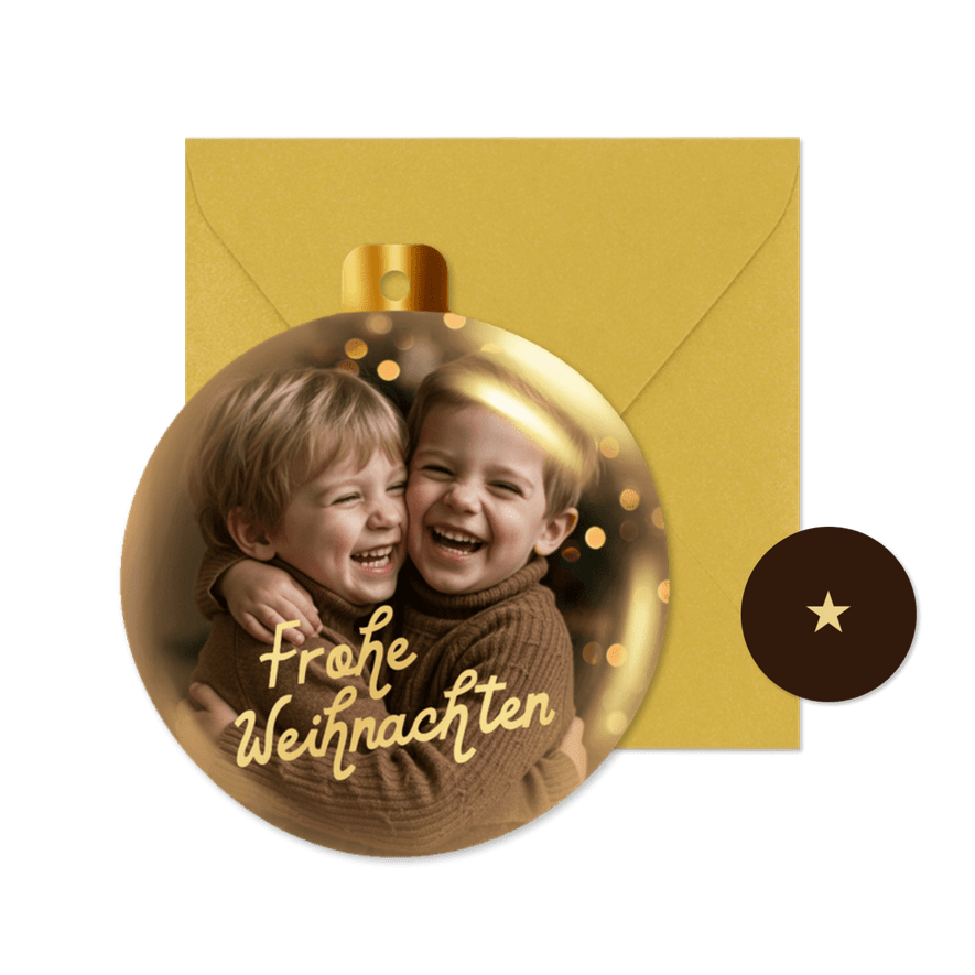 Weihnachtskarte goldene Weihnachtskugel mit Foto - Karteneindruck

