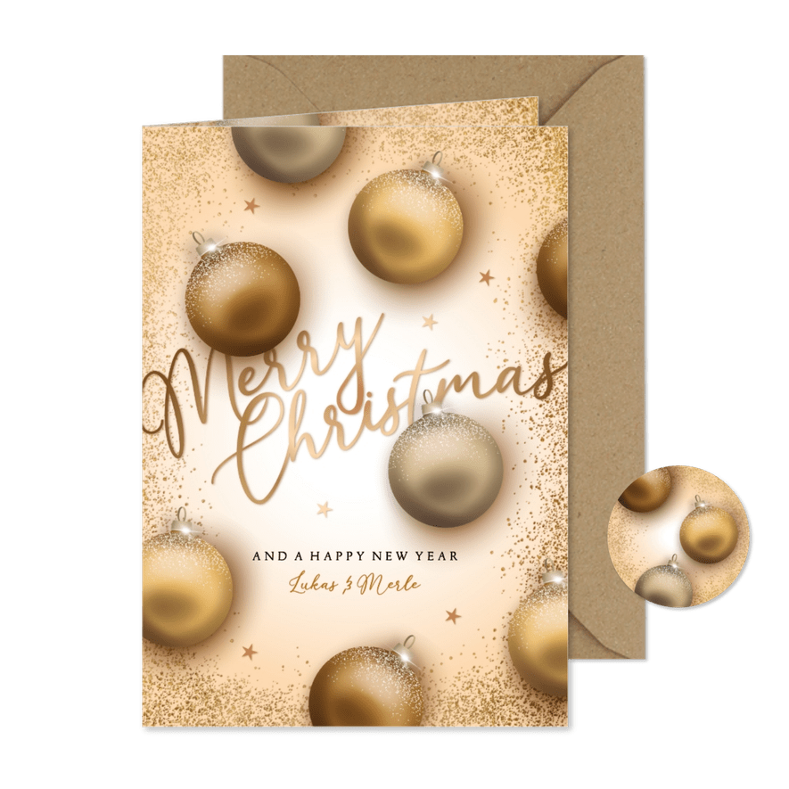 Weihnachtskarte goldene Weihnachtskugeln - Karteneindruck