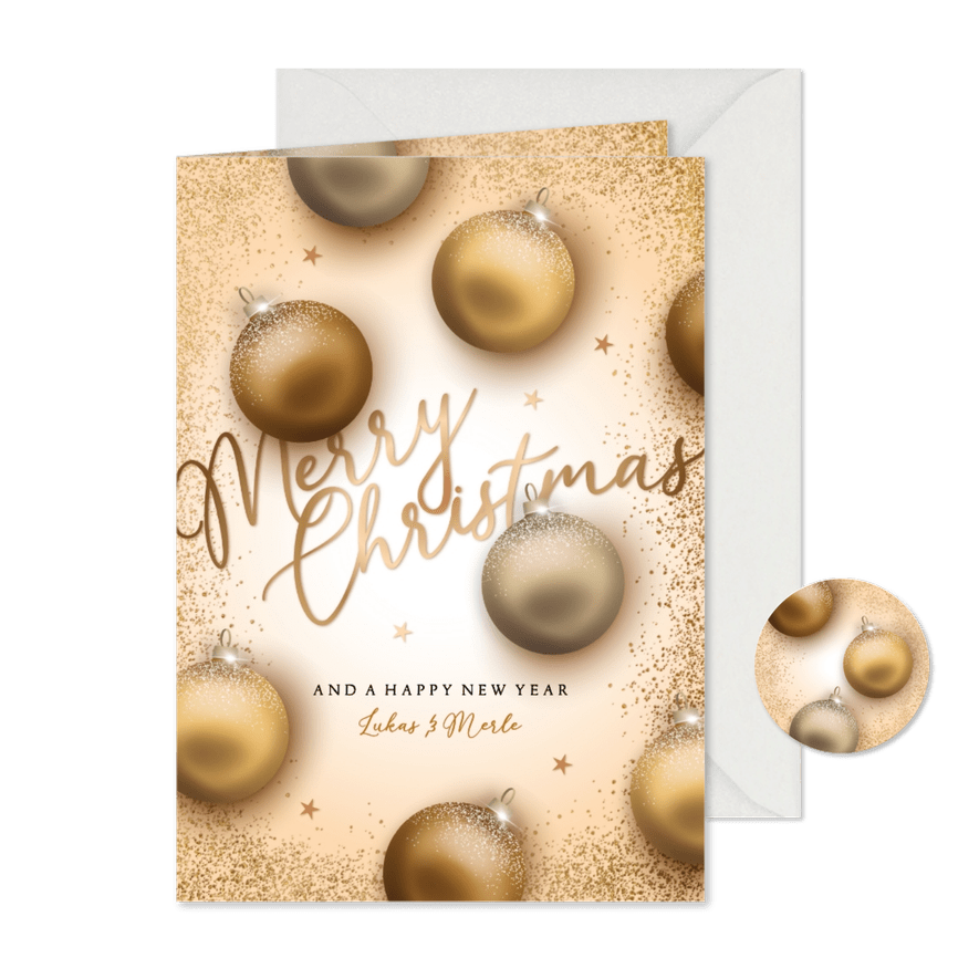 Weihnachtskarte goldene Weihnachtskugeln - Karteneindruck