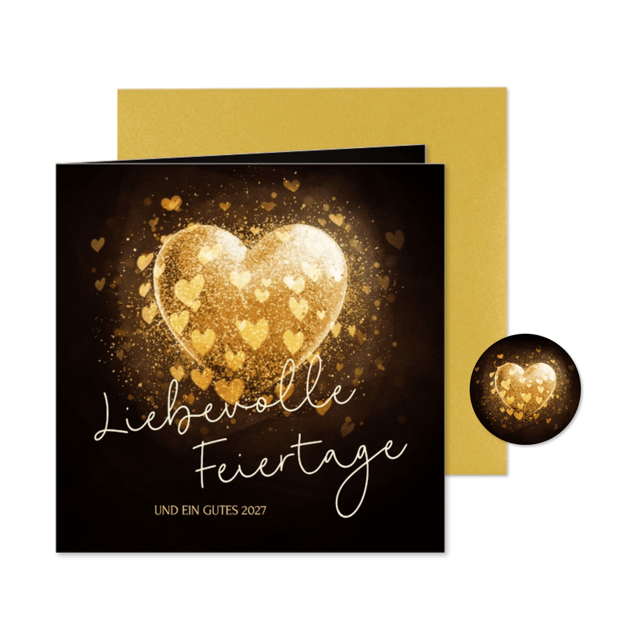 Weihnachtskarte goldenes Herz 'Liebevolle Feiertage' - Kartenvorschau
