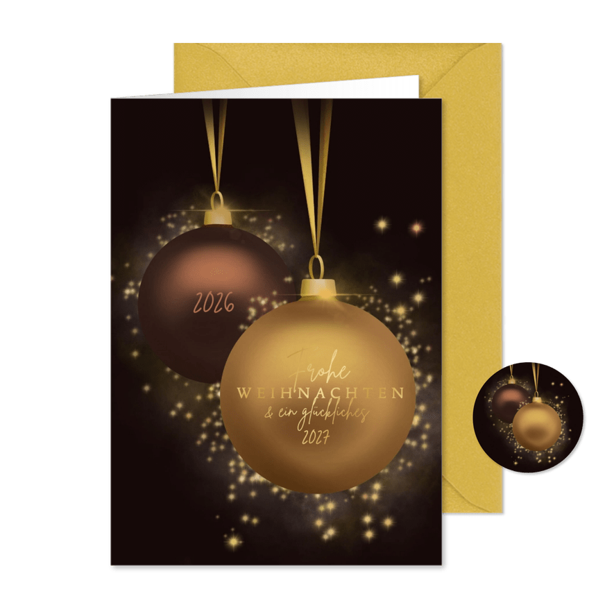 Weihnachtskarte Goldglitzer mit klassischen Weihnachtskugeln - Kartenvorschau