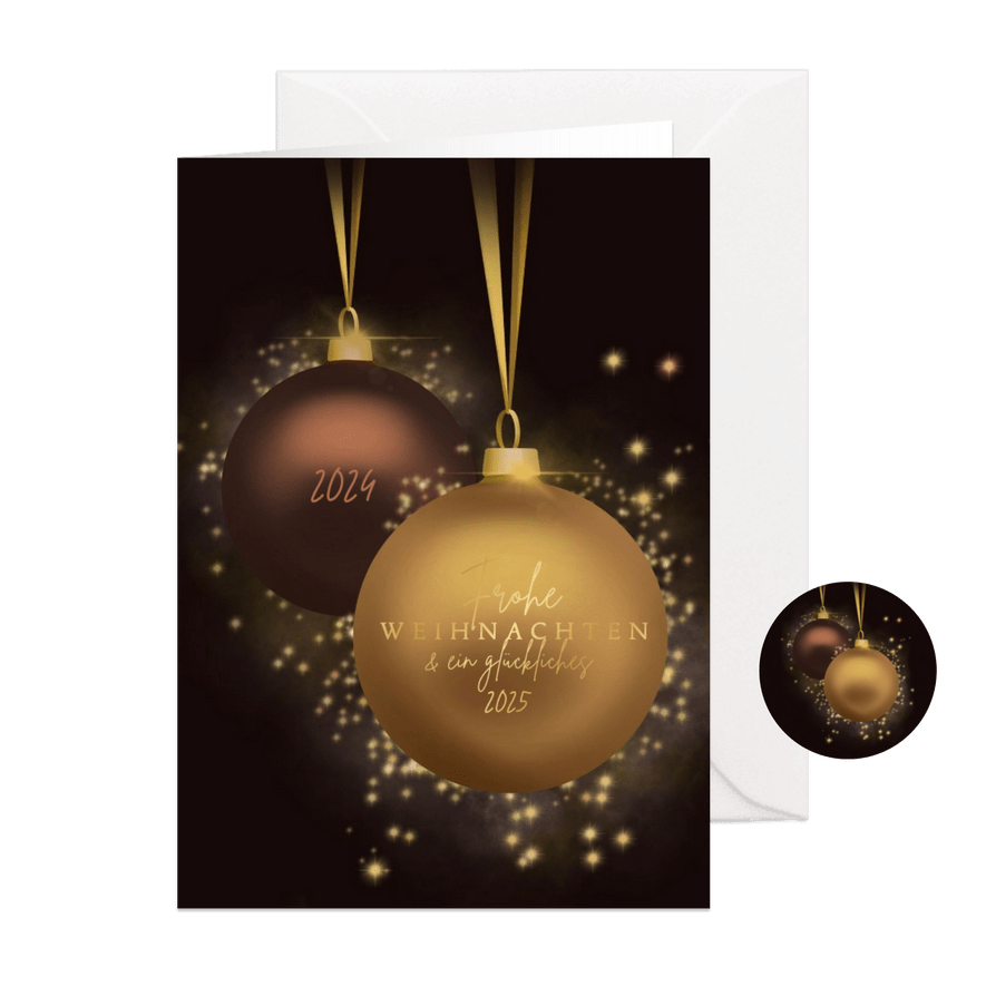 Weihnachtskarte Goldglitzer mit klassischen Weihnachtskugeln - Karteneindruck
