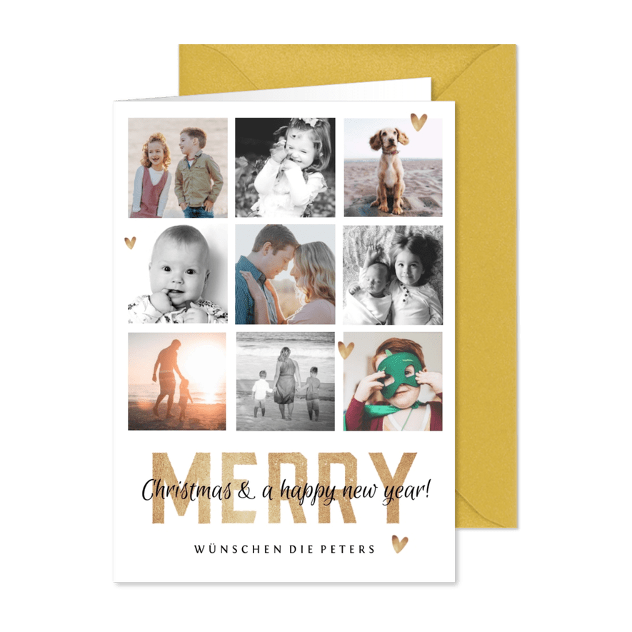 Weihnachtskarte Goldlook Fotocollage Merry - Karteneindruck