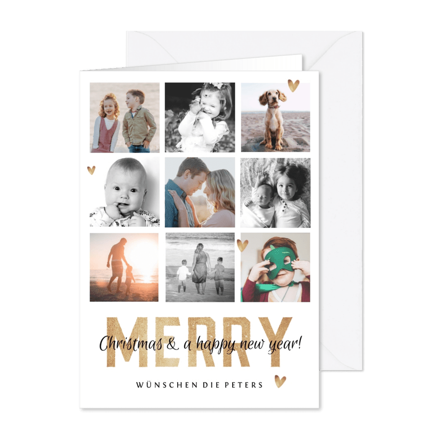 Weihnachtskarte Goldlook Fotocollage Merry - Karteneindruck