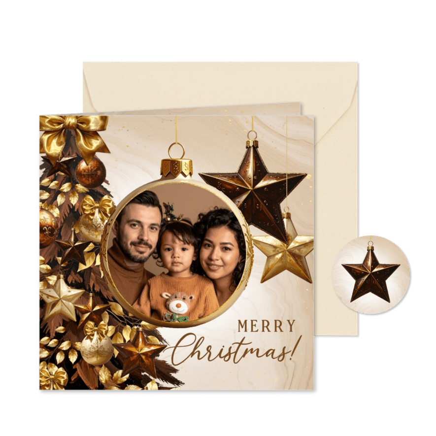 Weihnachtskarte Goldornamente Weihnachtskugel mit Foto - Karteneindruck

