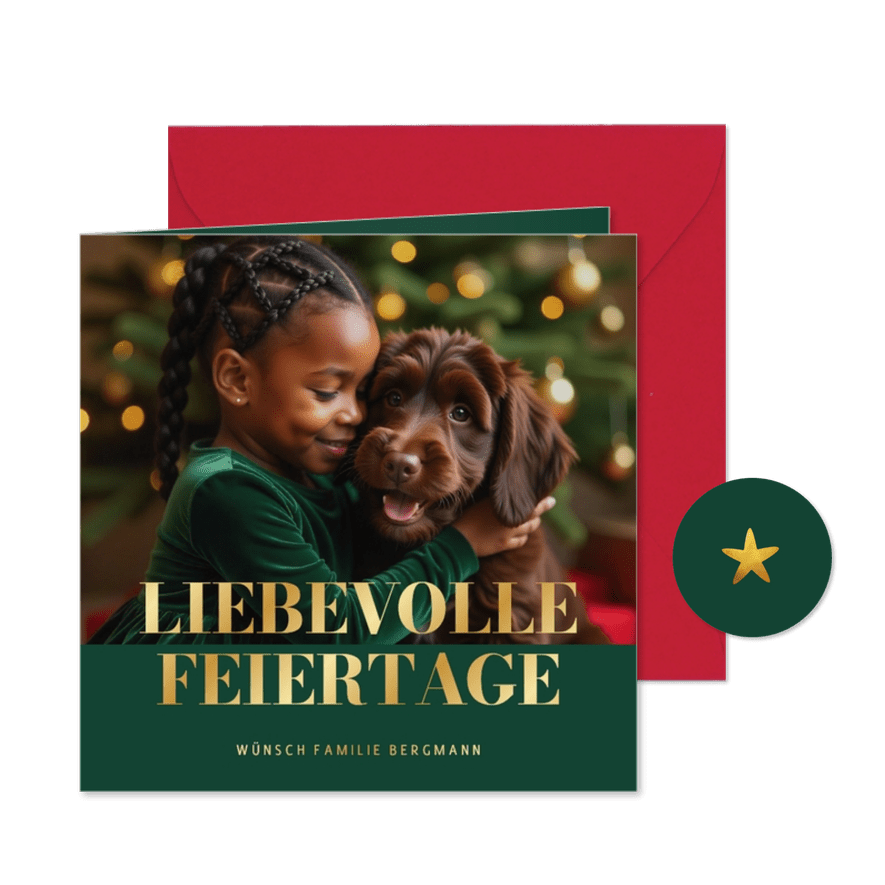 Weihnachtskarte großes Foto Goldschrift auf grün - Karteneindruck
