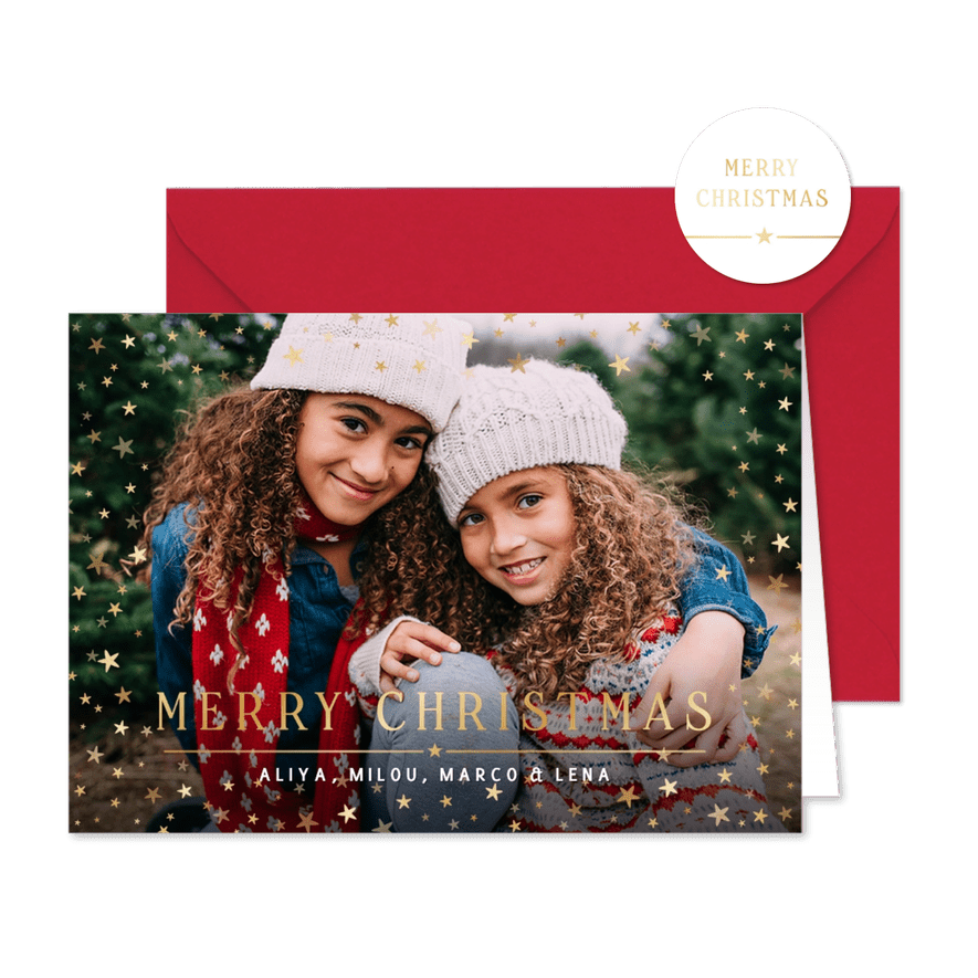 Weihnachtskarte großes Foto und Goldsterne - Karteneindruck
