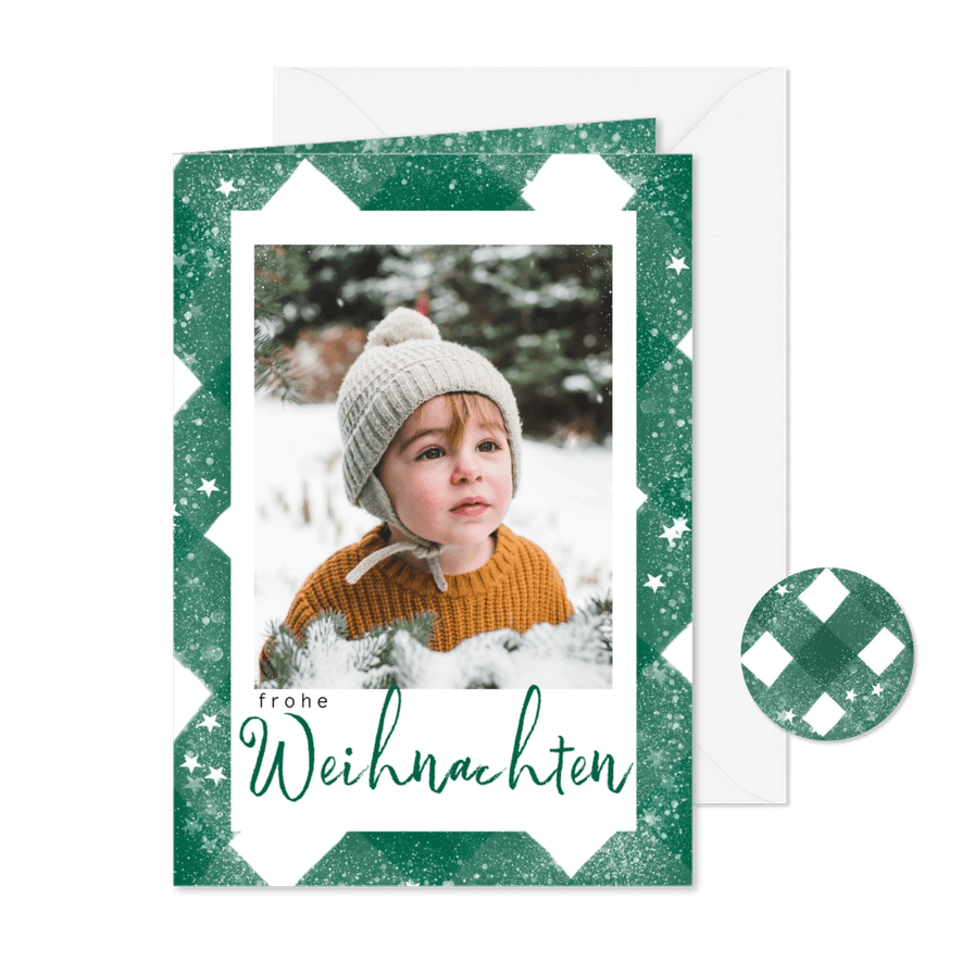 Weihnachtskarte grün mit Foto, Sternen & Glitzer - Kartenvorschau
