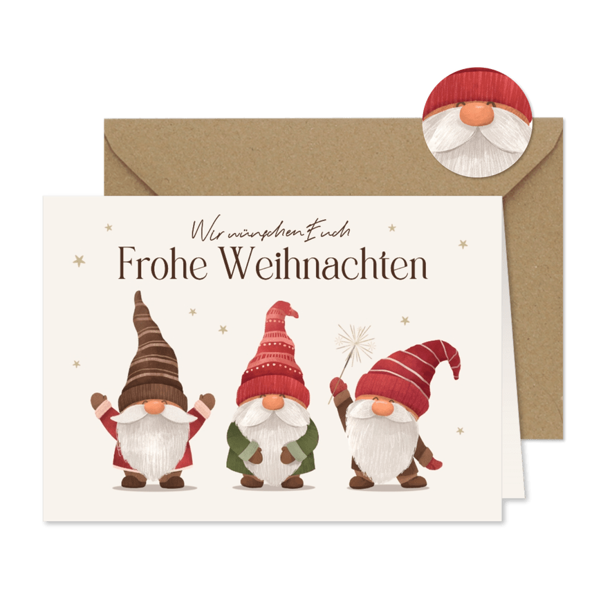 Weihnachtskarte Grüße 3 Wichtel mit Mütze - Karteneindruck
