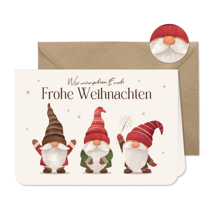 Weihnachtskarte Grüße 3 Wichtel mit Mütze - Karteneindruck
