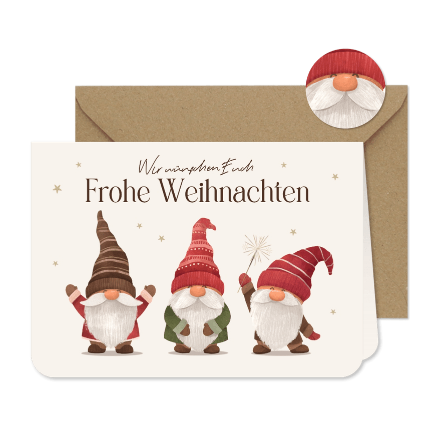 Weihnachtskarte Grüße 3 Wichtel mit Mütze - Karteneindruck