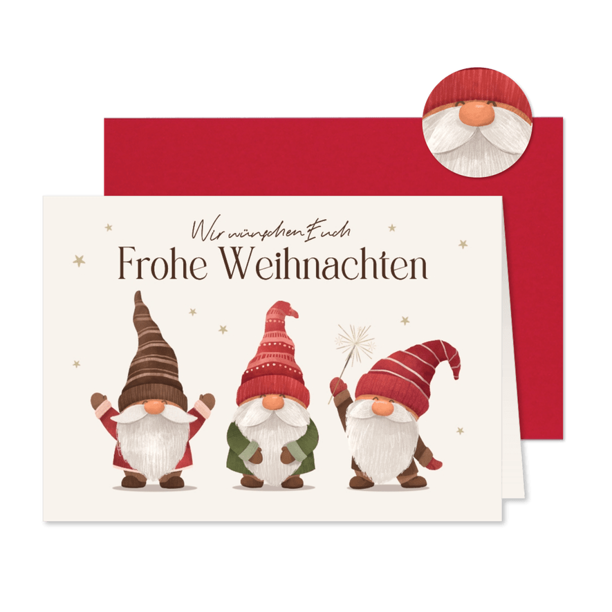 Weihnachtskarte Grüße 3 Wichtel mit Mütze - Kartenvorschau
