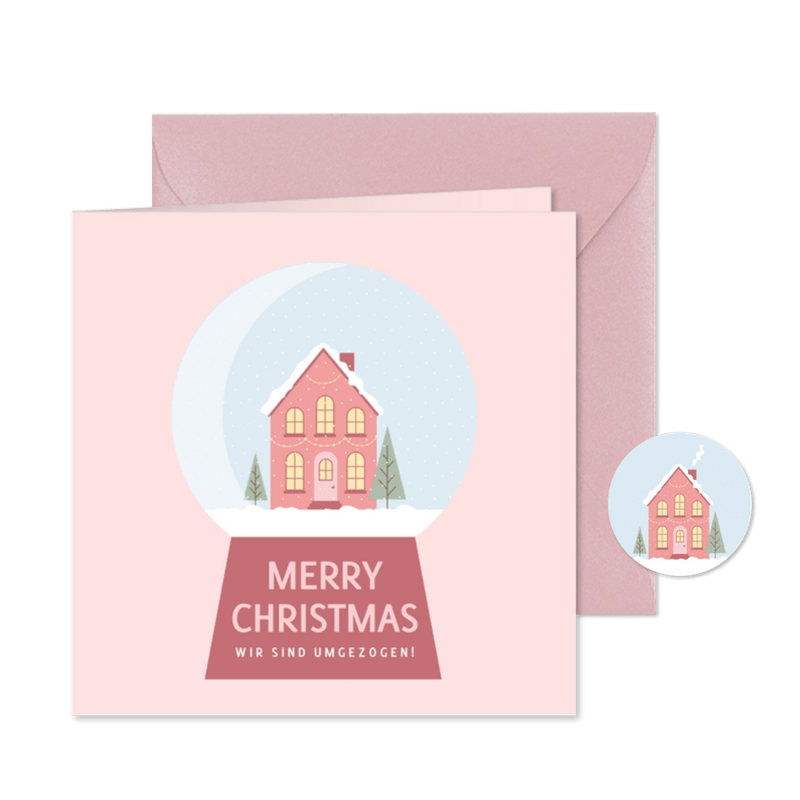 Weihnachtskarte Haus in Schneekugel - Karteneindruck