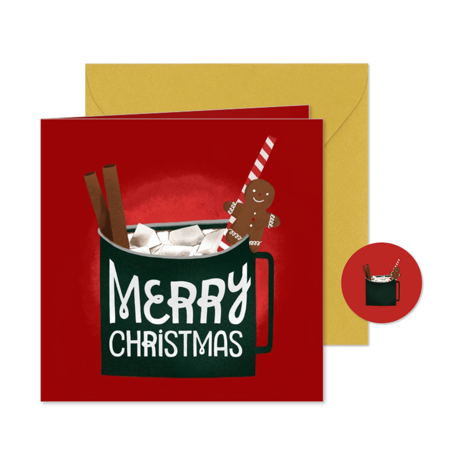 Weihnachtskarte heißer Kakao mit Zimtstangen und Lebkuchen - Karteneindruck
