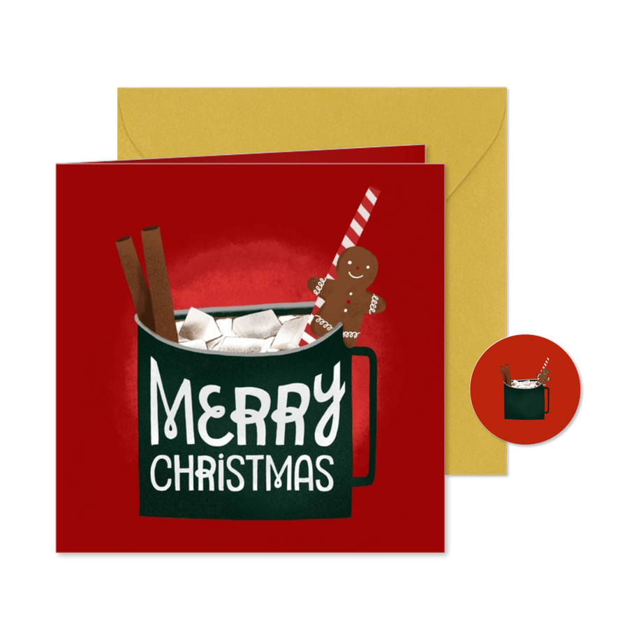 Weihnachtskarte heißer Kakao mit Zimtstangen und Lebkuchen - Karteneindruck