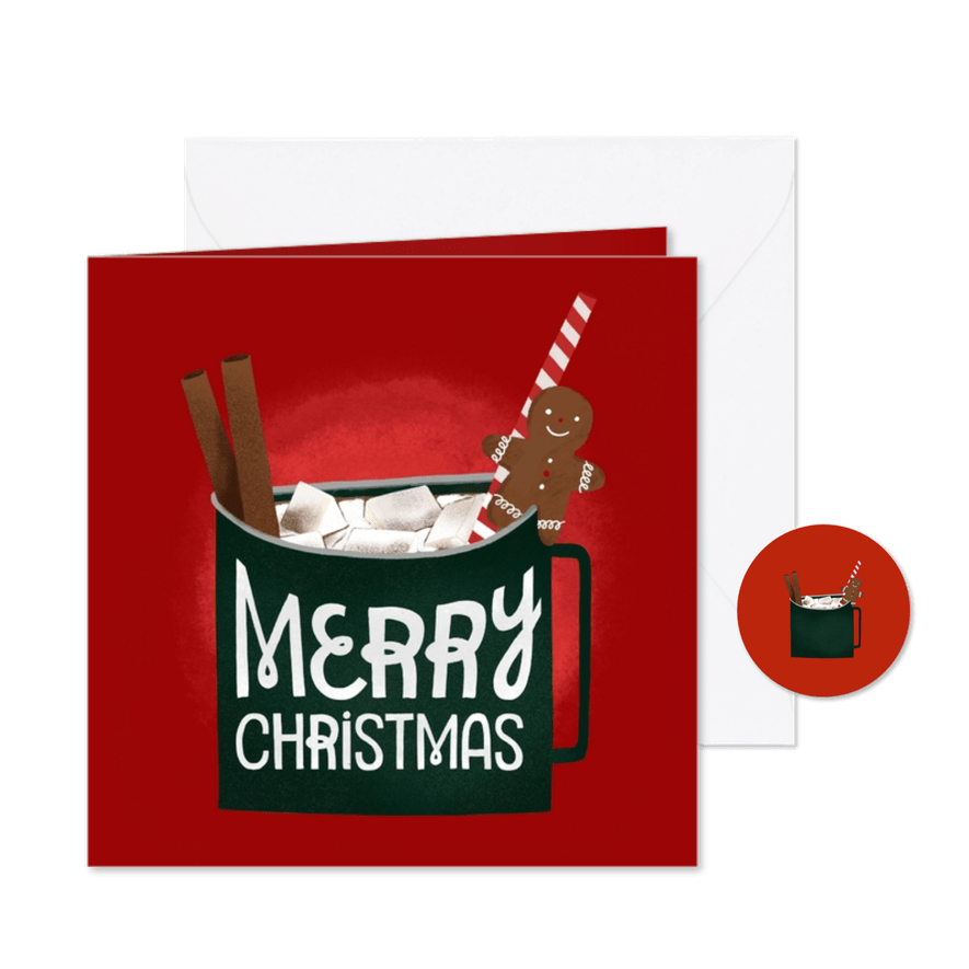 Weihnachtskarte heißer Kakao mit Zimtstangen und Lebkuchen - Karteneindruck