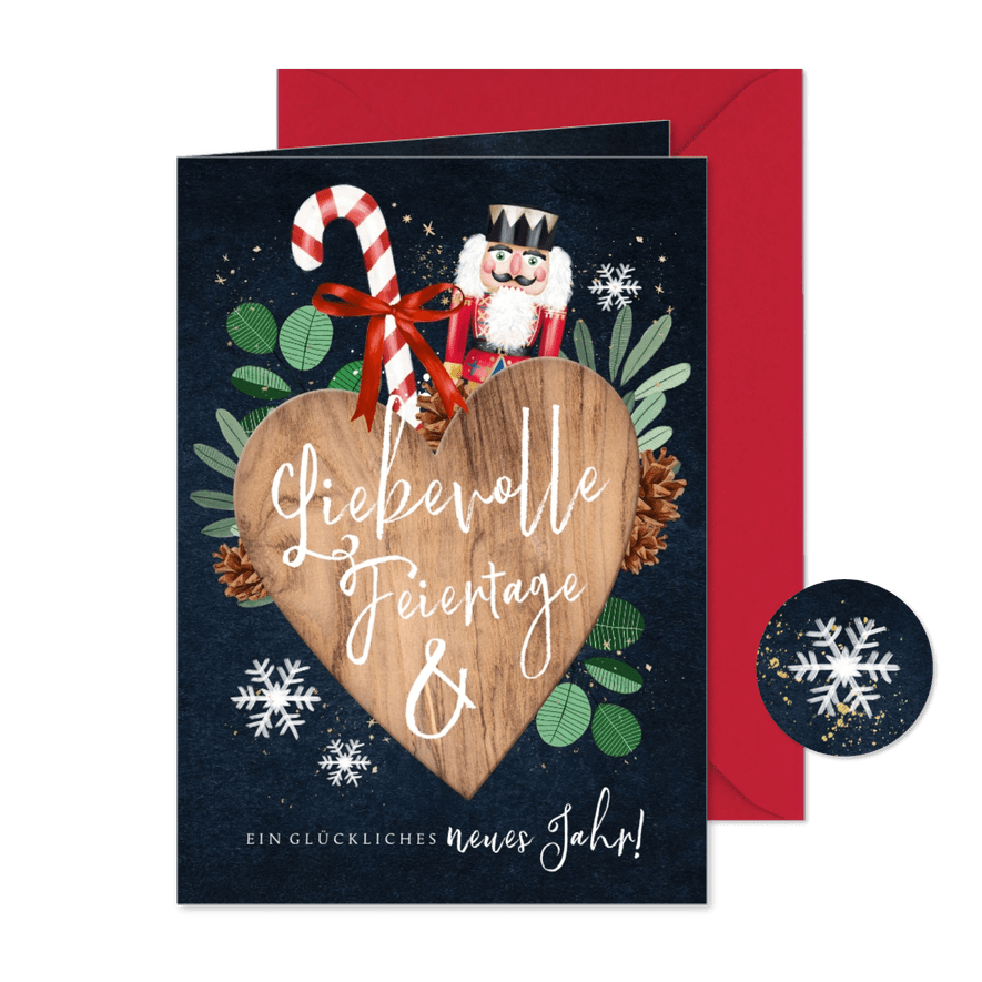 Weihnachtskarte Holzherz mit Dekoration - Karteneindruck