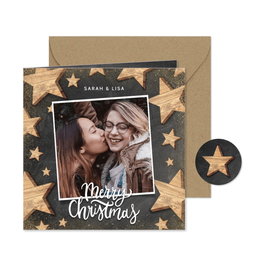 Weihnachtskarte Holzsterne, Foto und Merry Christmas - Karteneindruck
