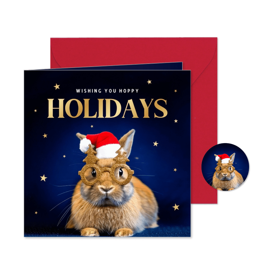Weihnachtskarte 'Hoppy Holidays' Kaninchen mit Brille - Karteneindruck