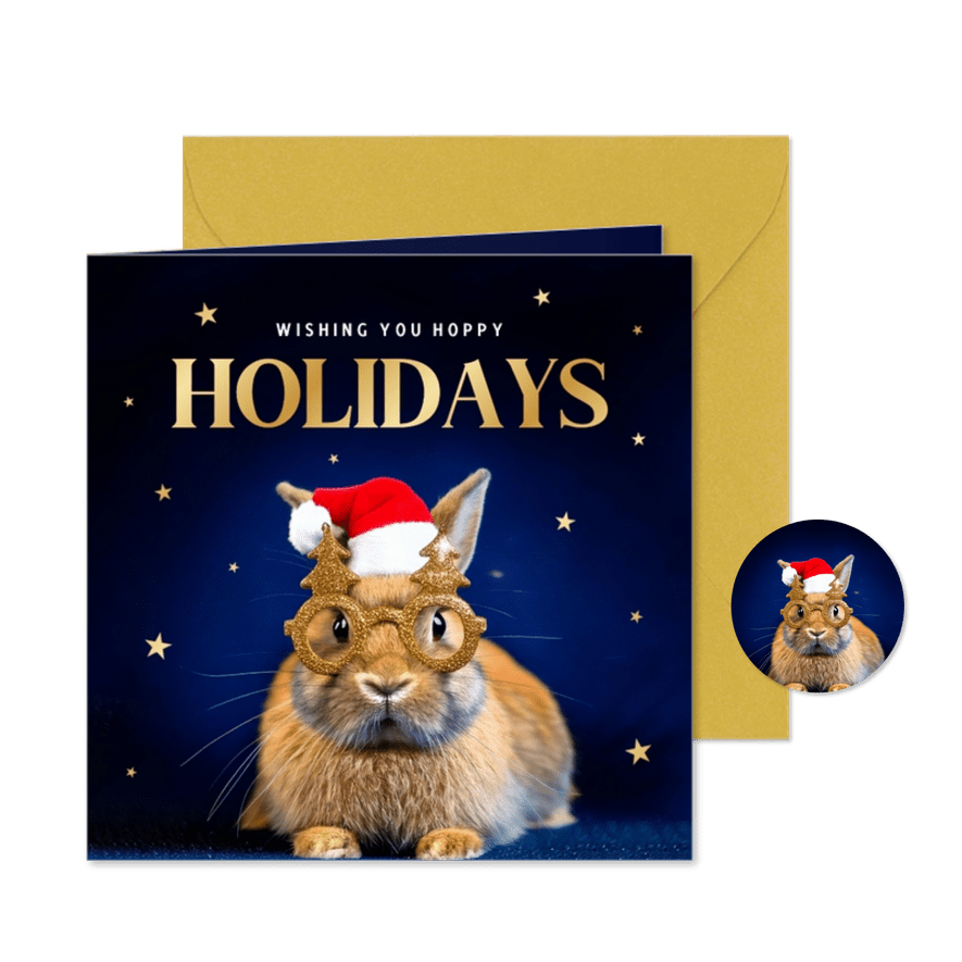Weihnachtskarte 'Hoppy Holidays' Kaninchen mit Brille - Karteneindruck