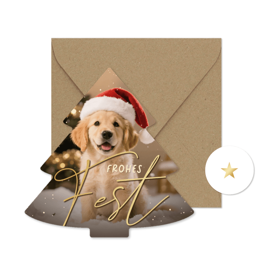 Weihnachtskarte Hund mit Mütze Weihnachtsbaum  - Karteneindruck
