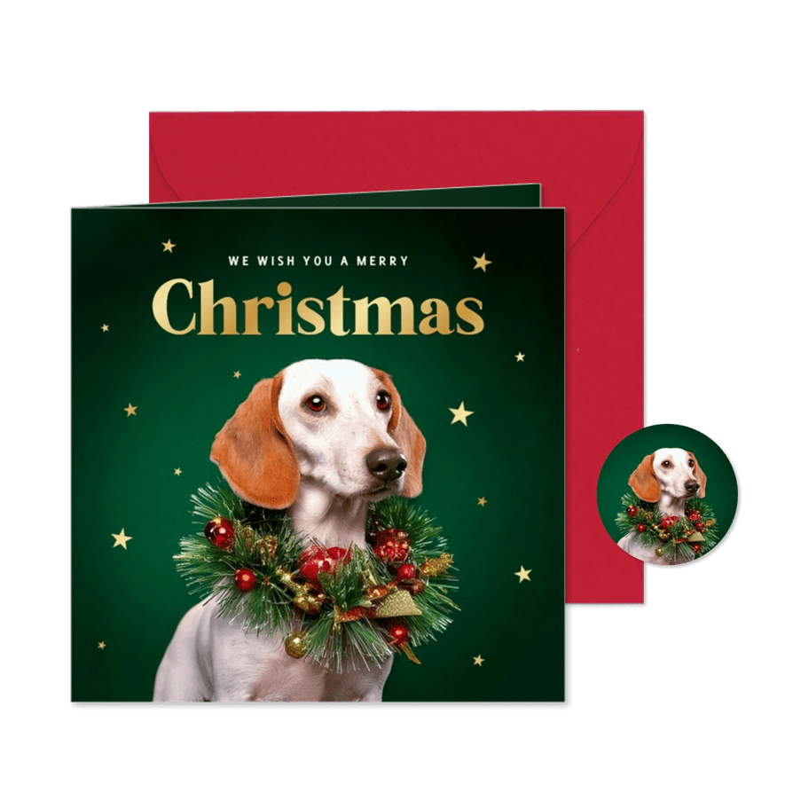 Weihnachtskarte Hund mit Weihnachtskranz 'Merry Christmas' - Karteneindruck